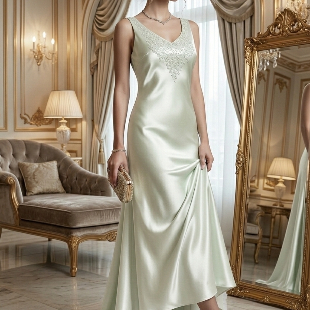 Alex🌃Evenings Satin Feel Shimmery Maxi in very Light Green EMBROIDERY Sz 10